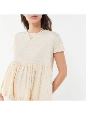 Urban Outfitters Seersucker Babydoll Short Sleeve Blouse Women Large Cream